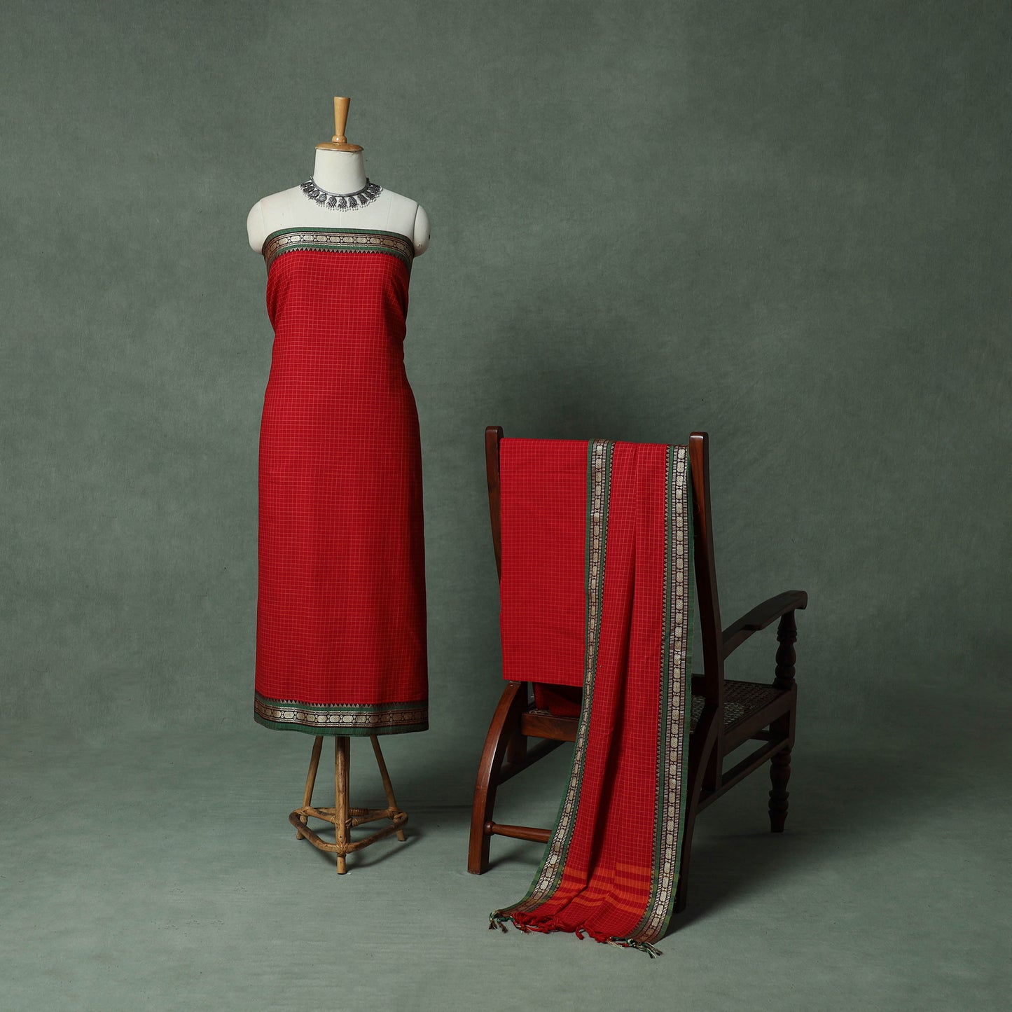 Red - Dharwad Checks Cotton 3pc Unstitched Dress Material Suit Set with Woven Thread Border 15