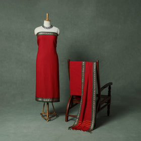 Red - Dharwad Checks Cotton 3pc Unstitched Dress Material Suit Set with Woven Thread Border 15