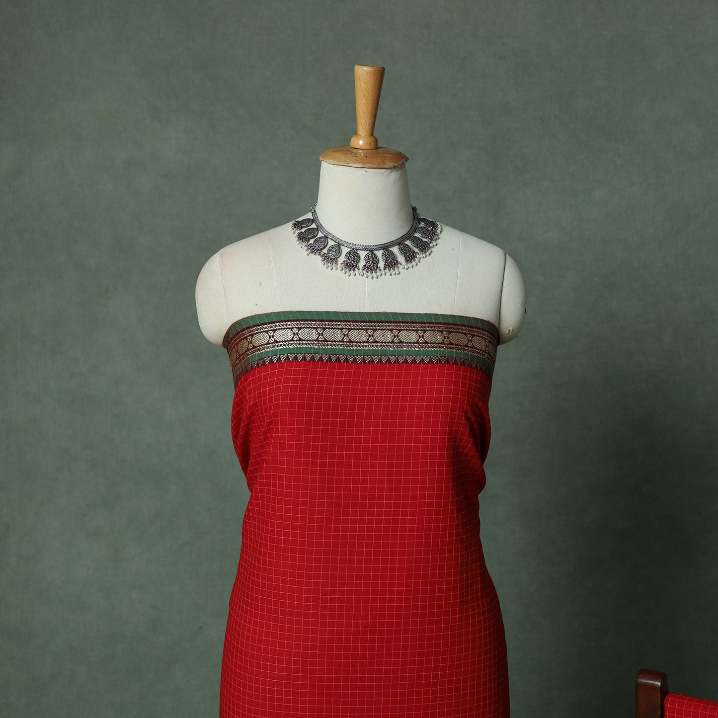 Red - Dharwad Checks Cotton 3pc Unstitched Dress Material Suit Set with Woven Thread Border 15