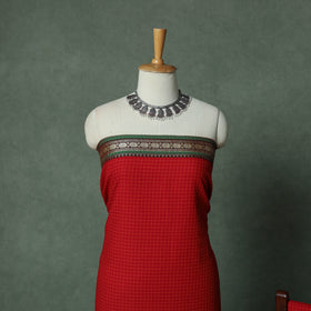 Red - Dharwad Checks Cotton 3pc Unstitched Dress Material Suit Set with Woven Thread Border 15
