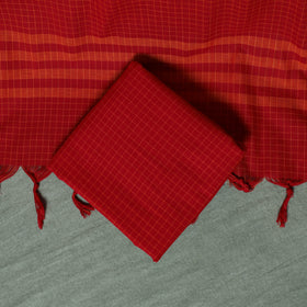 Red - Dharwad Checks Cotton 3pc Unstitched Dress Material Suit Set with Woven Thread Border 15