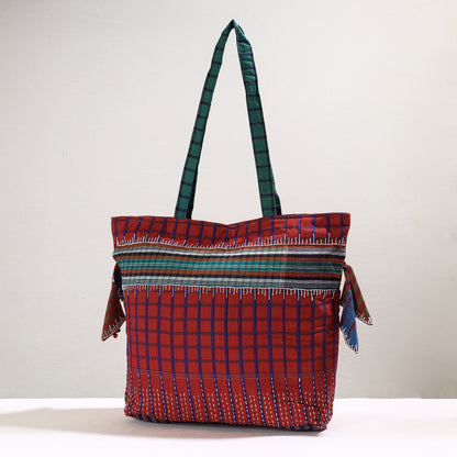 Red - Handmade Gamcha Fabric Kantha Work Tote Bag