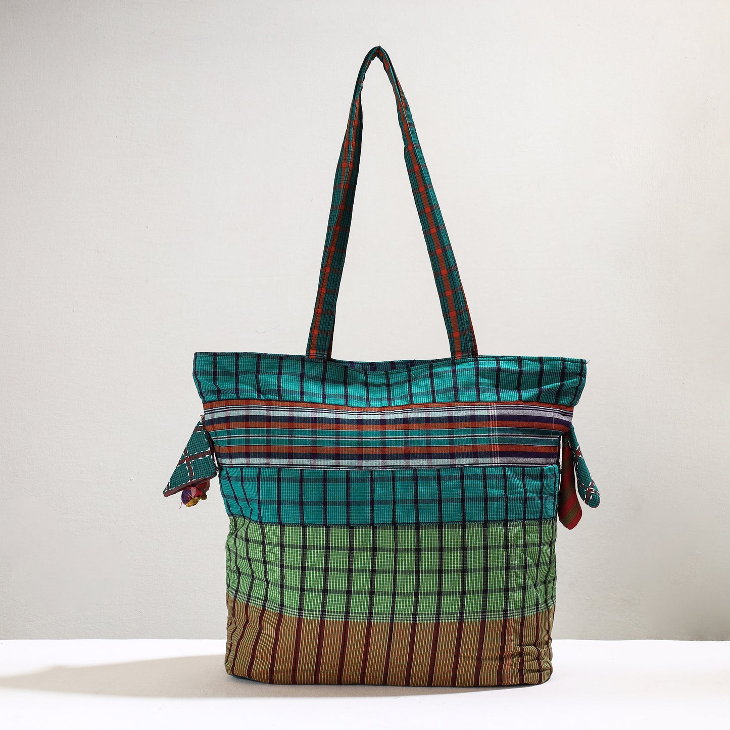 Green - Handmade Gamcha Fabric Kantha Work Tote Bag