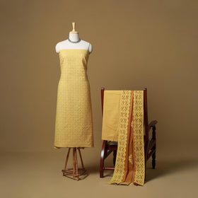 Yellow - Barmer Cut Work Cotton Applique 3pc Unstitched Dress Material 05