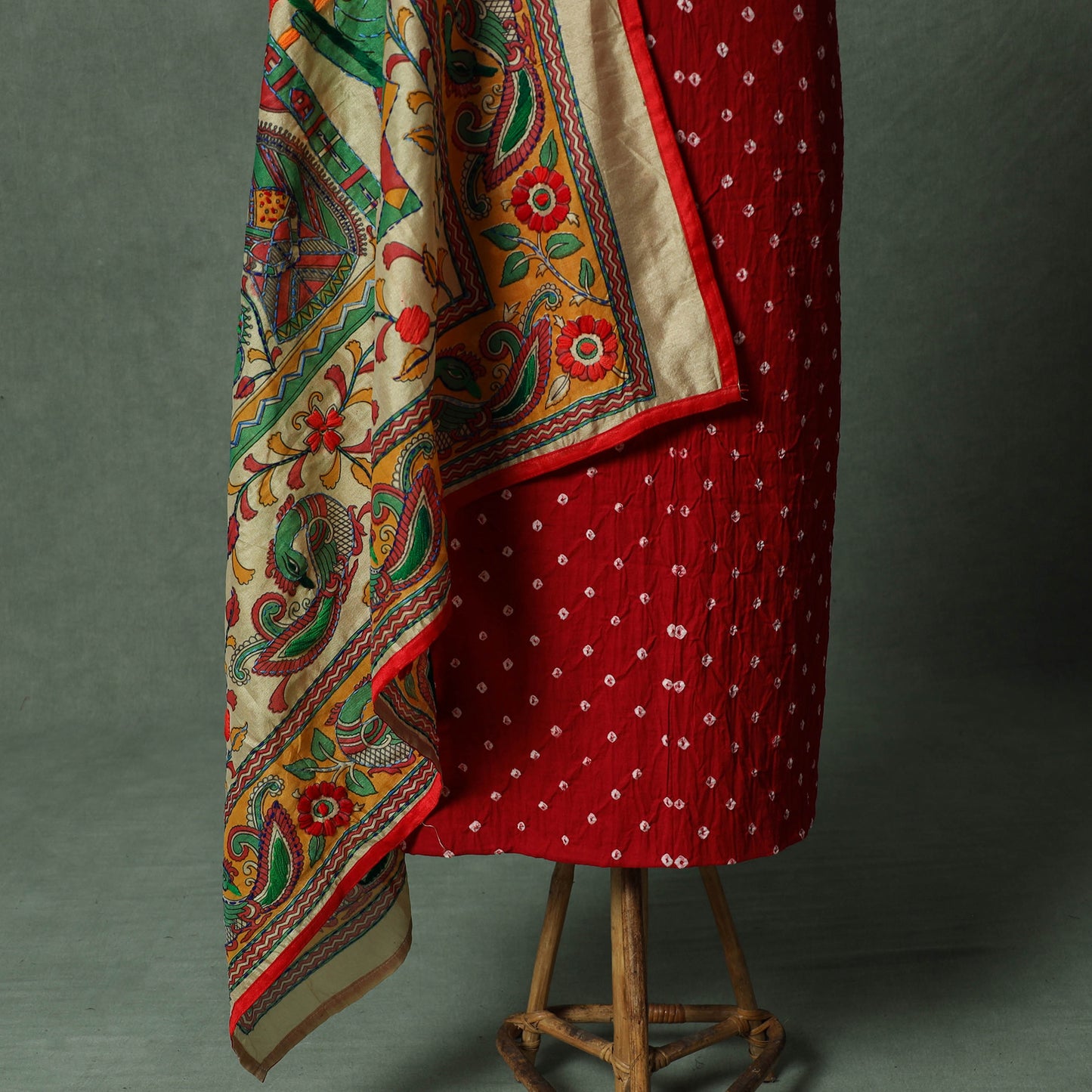 Kutch Bandhani Tie-Dye Cotton 2pc Unstitched Dress Material Kurta Set with Jewellery 01