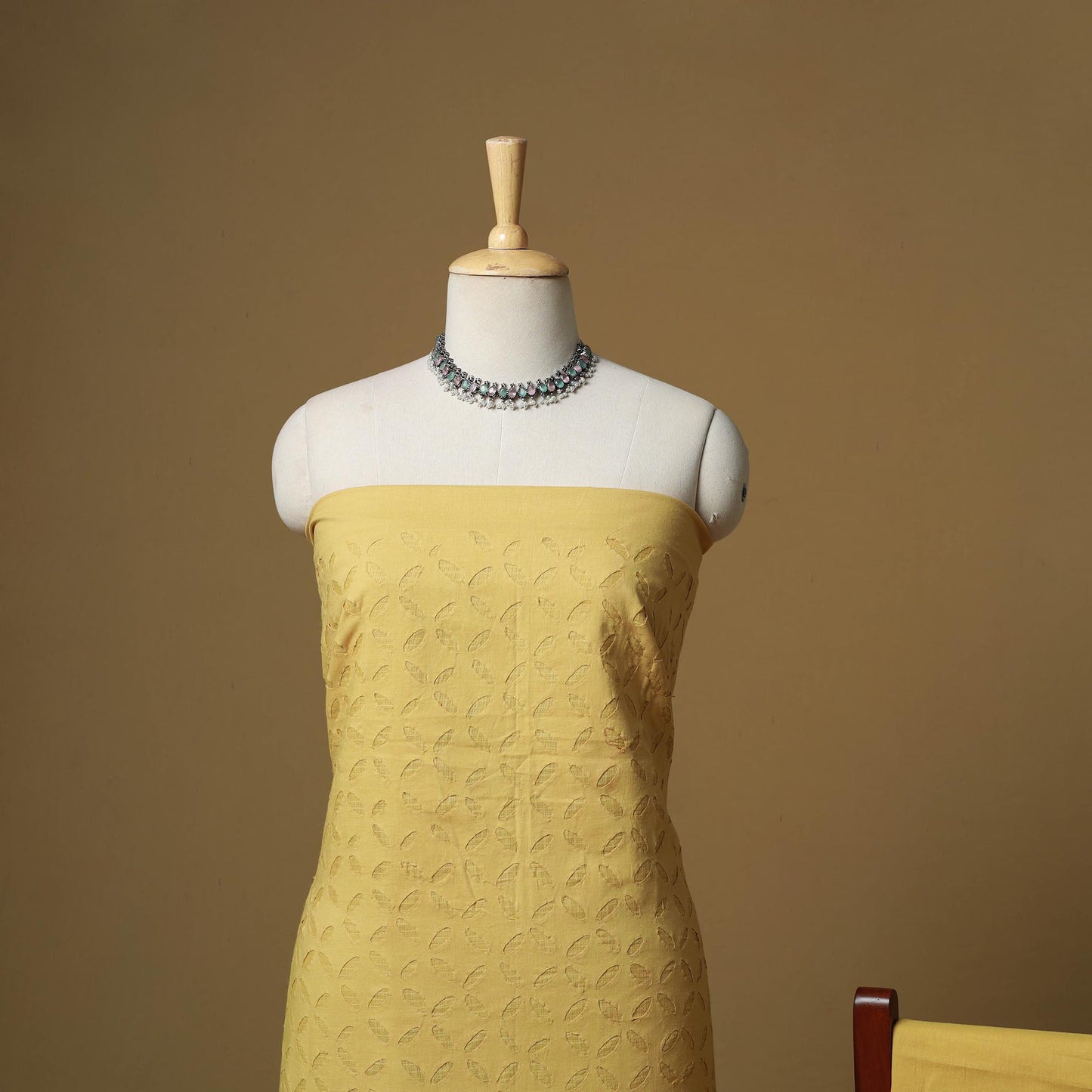 Yellow - Barmer Cut Work Cotton Applique 3pc Unstitched Dress Material 05