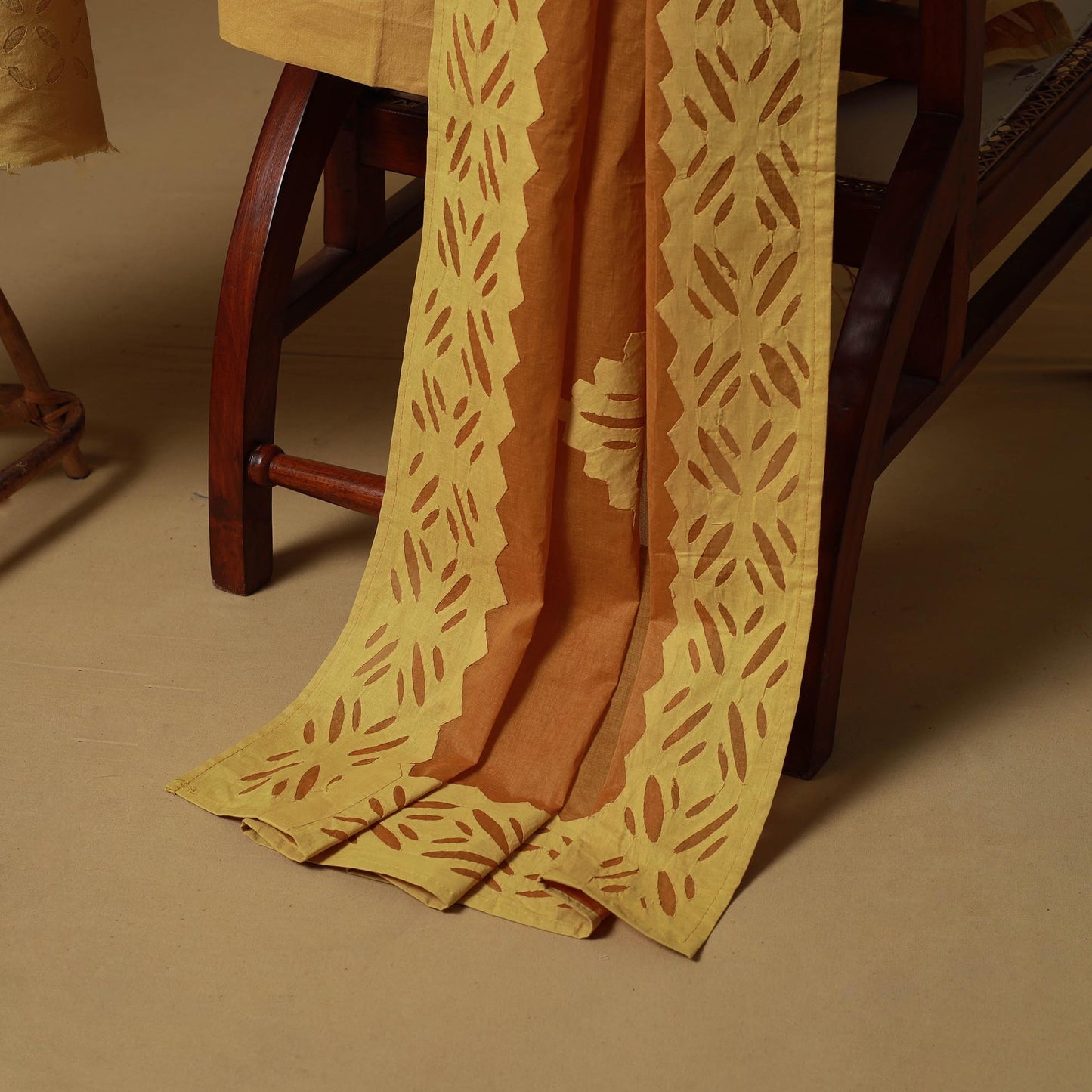 Yellow - Barmer Cut Work Cotton Applique 3pc Unstitched Dress Material 05