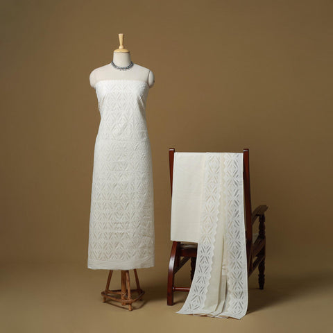 White - Barmer Cut Work Cotton Applique 3pc Unstitched Dress Material 18