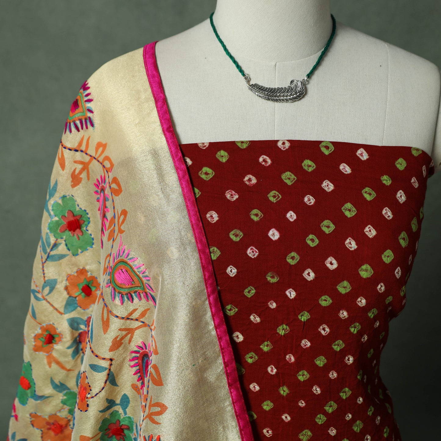 Kutch Bandhani Tie-Dye Cotton 2pc Unstitched Dress Material Kurta Set with Jewellery 03