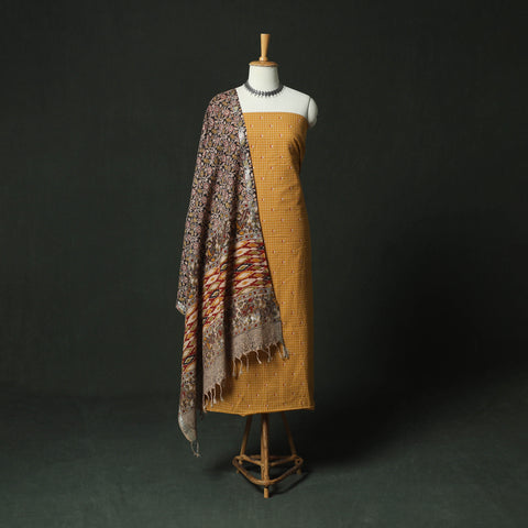 Jacquard Woven 2pc Cotton Unstitched Dress Material Kurta Set with Earrings 02