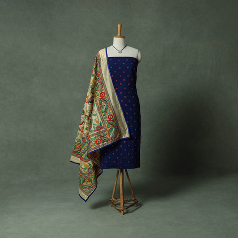 Kutch Bandhani Tie-Dye Pure Mul Cotton 2pc Unstitched Dress Material Kurta Set with Jewellery 04