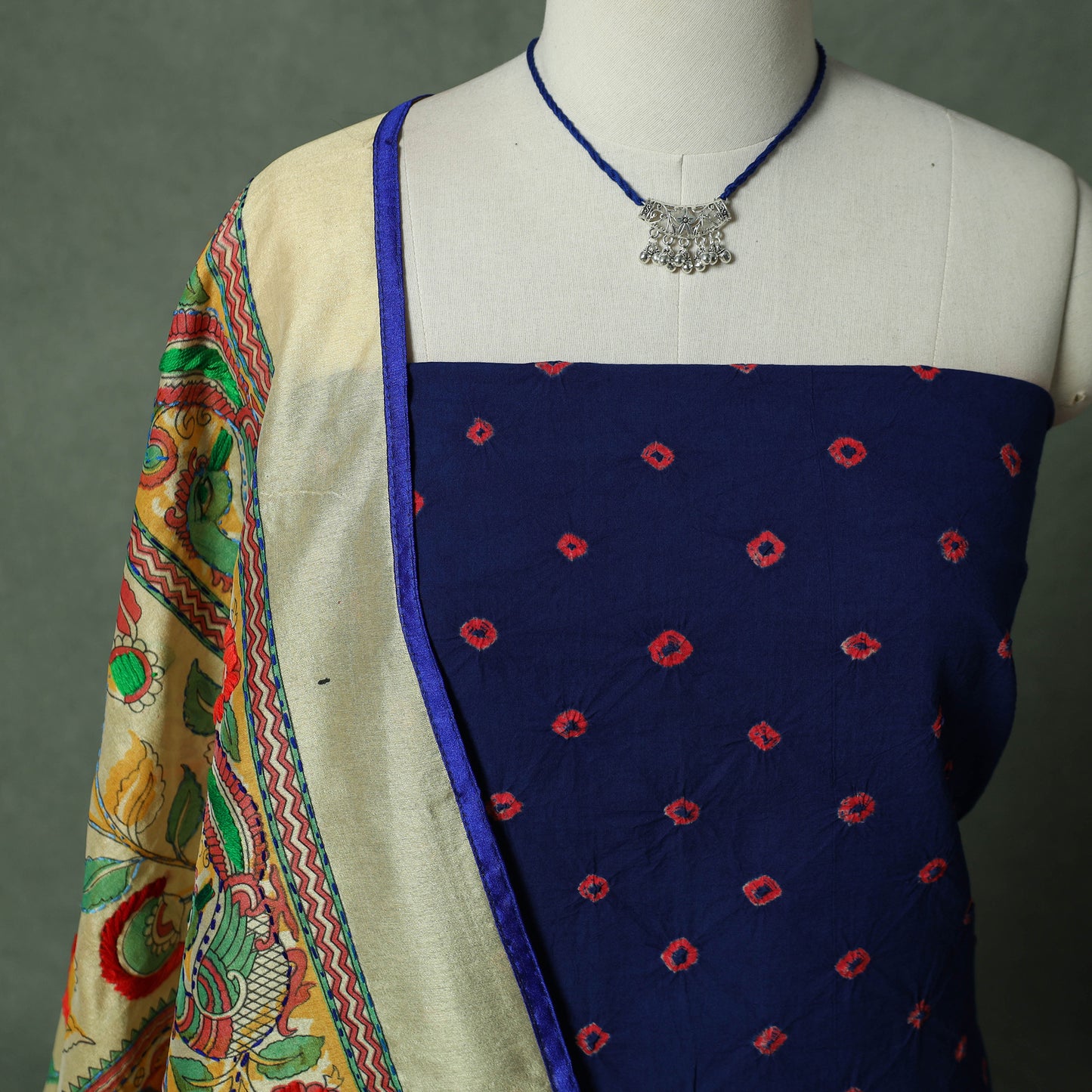 Kutch Bandhani Tie-Dye Pure Mul Cotton 2pc Unstitched Dress Material Kurta Set with Jewellery 04