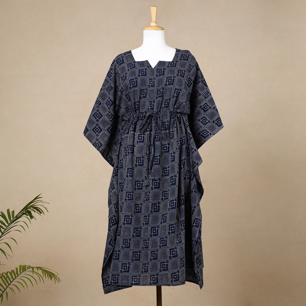 Blue - Hand Block Printed Cotton Kaftan with Tie-Up Waist (Long)