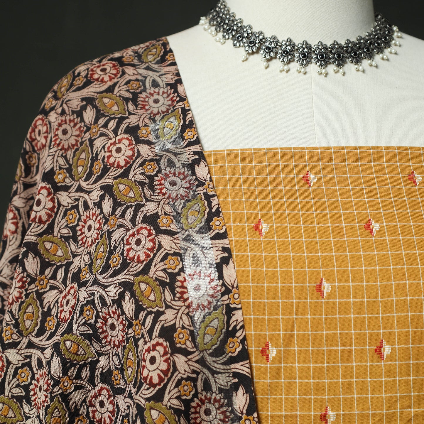 Yellow - Jacquard Woven 2pc Cotton Unstitched Dress Material Kurta Set with Earrings 02
