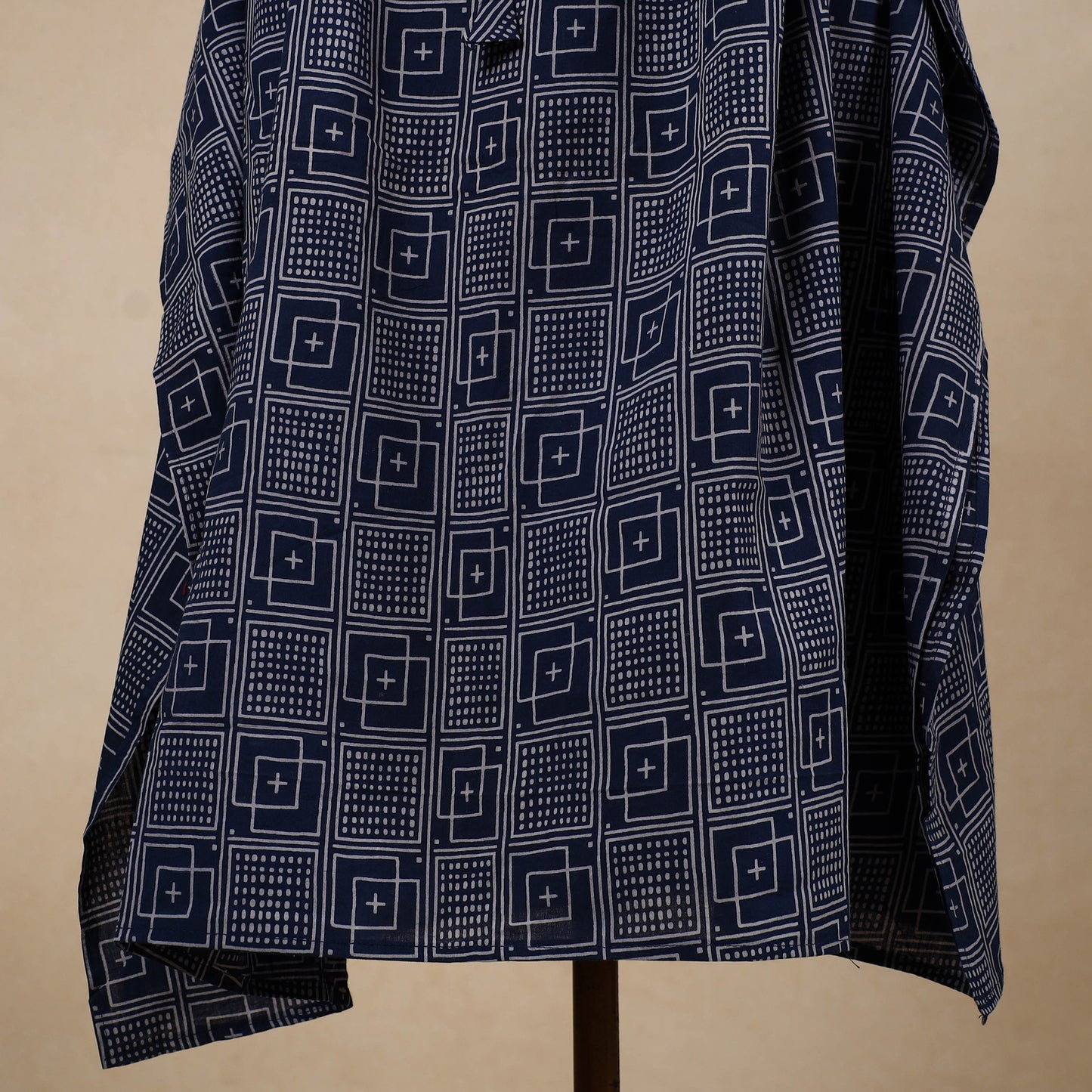 Blue - Hand Block Printed Cotton Kaftan with Tie-Up Waist (Long)