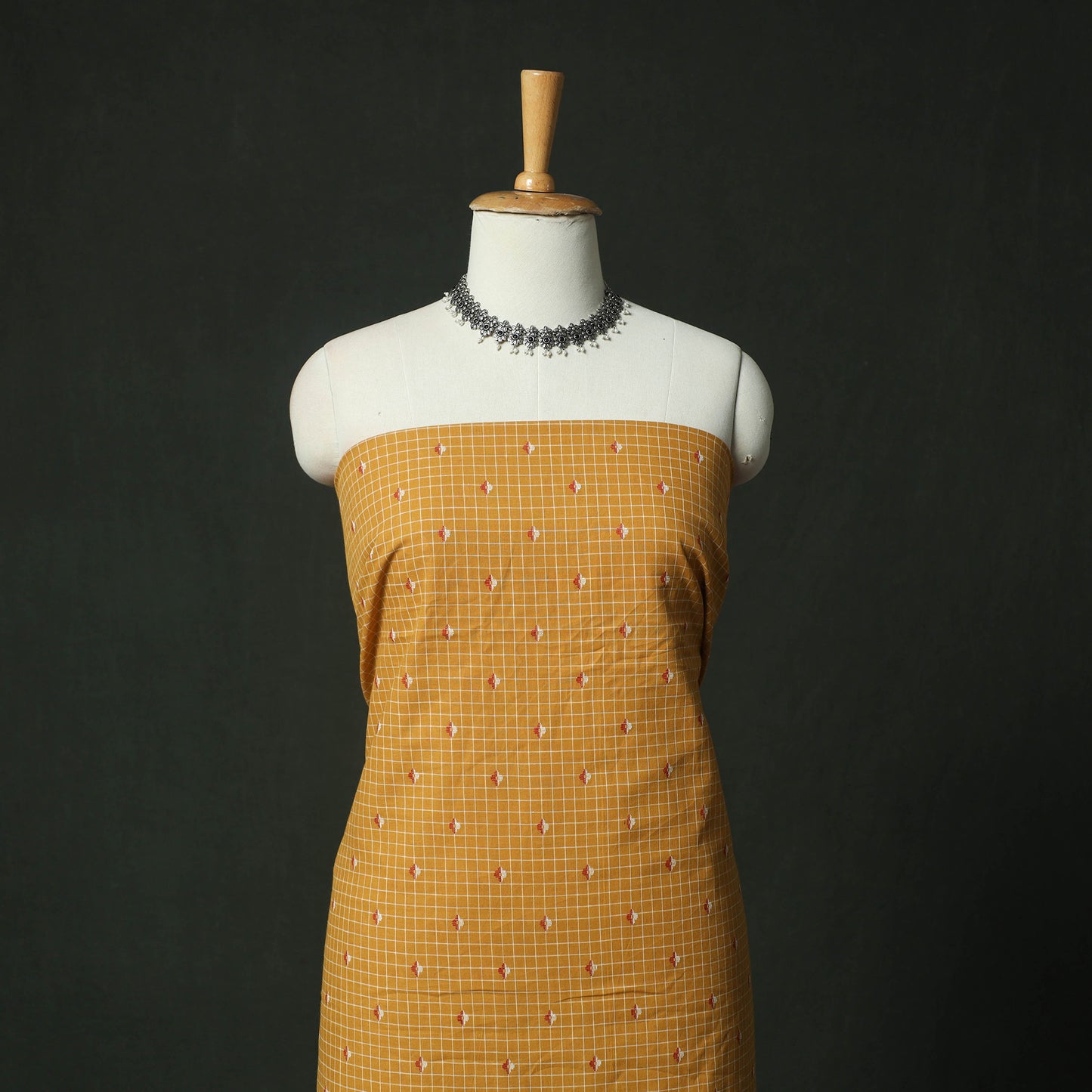Yellow - Jacquard Woven 2pc Cotton Unstitched Dress Material Kurta Set with Earrings 02