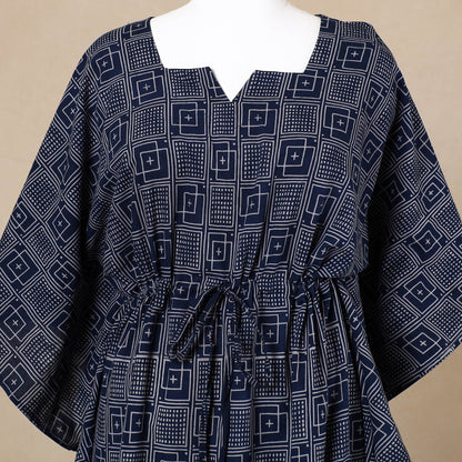 Blue - Hand Block Printed Cotton Kaftan with Tie-Up Waist (Long)