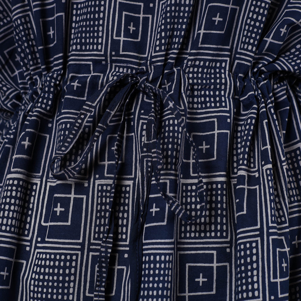 Blue - Hand Block Printed Cotton Kaftan with Tie-Up Waist (Long)