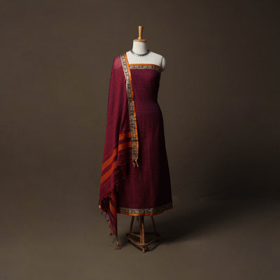 Dharwad Checks Mercerised Cotton 3pc Unstitched Dress Material Suit Set with Woven Border 77