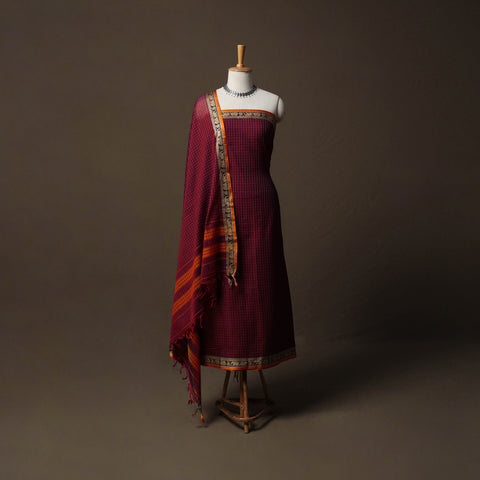 Maroon - Dharwad Checks Mercerised Cotton 3pc Unstitched Dress Material Suit Set with Woven Border 77