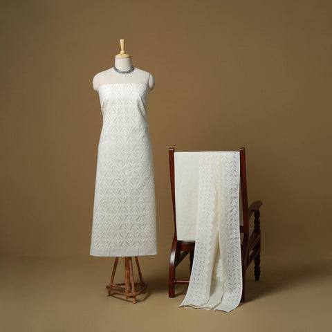 White - Barmer Cut Work Cotton Applique 3pc Unstitched Dress Material 13