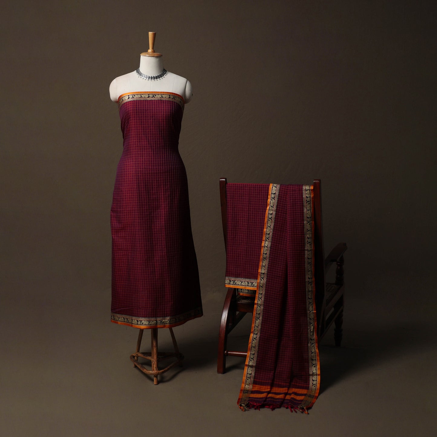 Dharwad Checks Mercerised Cotton 3pc Unstitched Dress Material Suit Set with Woven Border 77