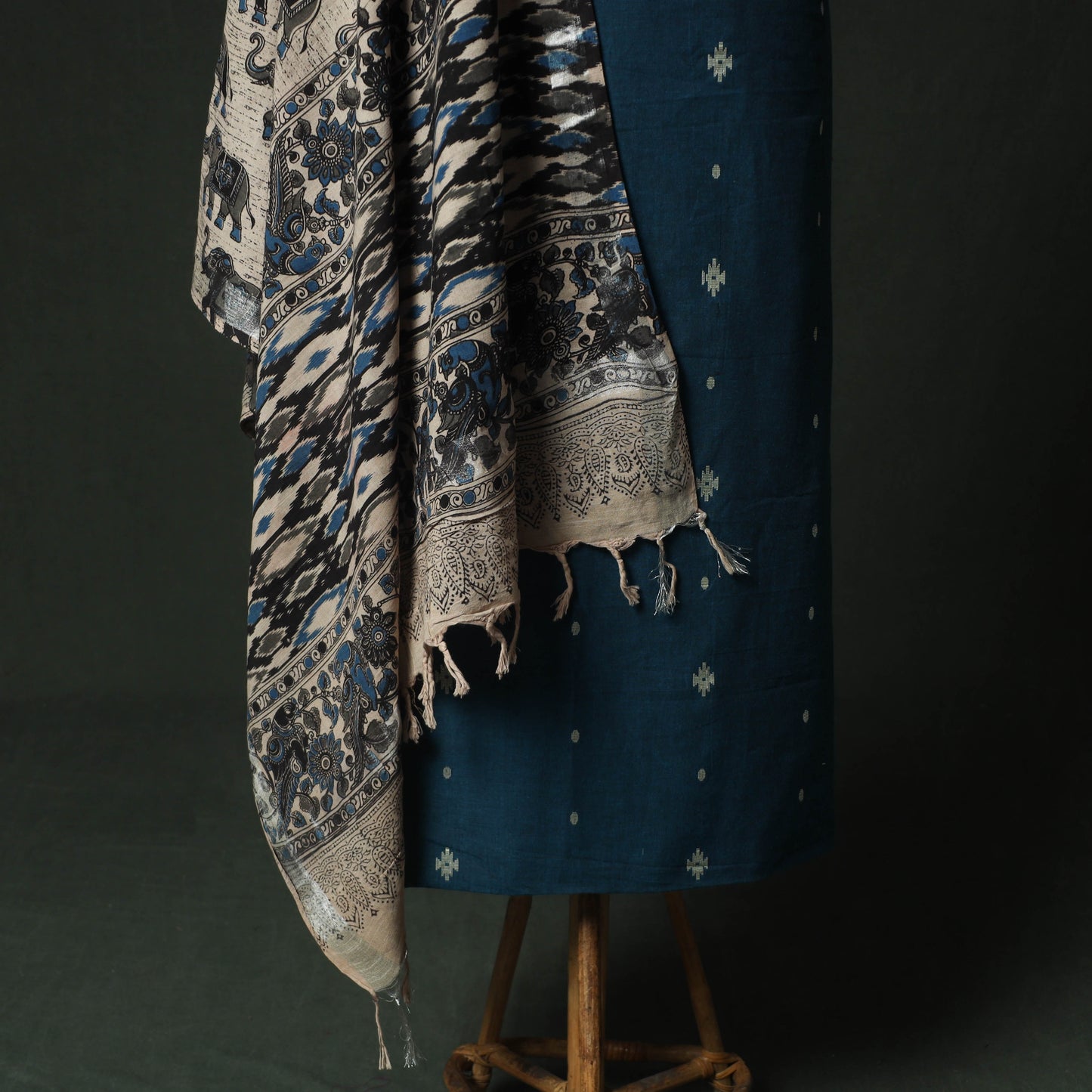 Blue - Jacquard Woven 2pc Cotton Unstitched Dress Material Kurta Set with Earrings 03