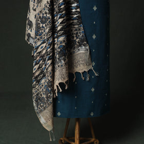 Blue - Jacquard Woven 2pc Cotton Unstitched Dress Material Kurta Set with Earrings 03