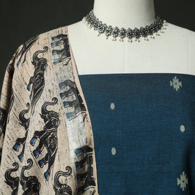 Blue - Jacquard Woven 2pc Cotton Unstitched Dress Material Kurta Set with Earrings 03