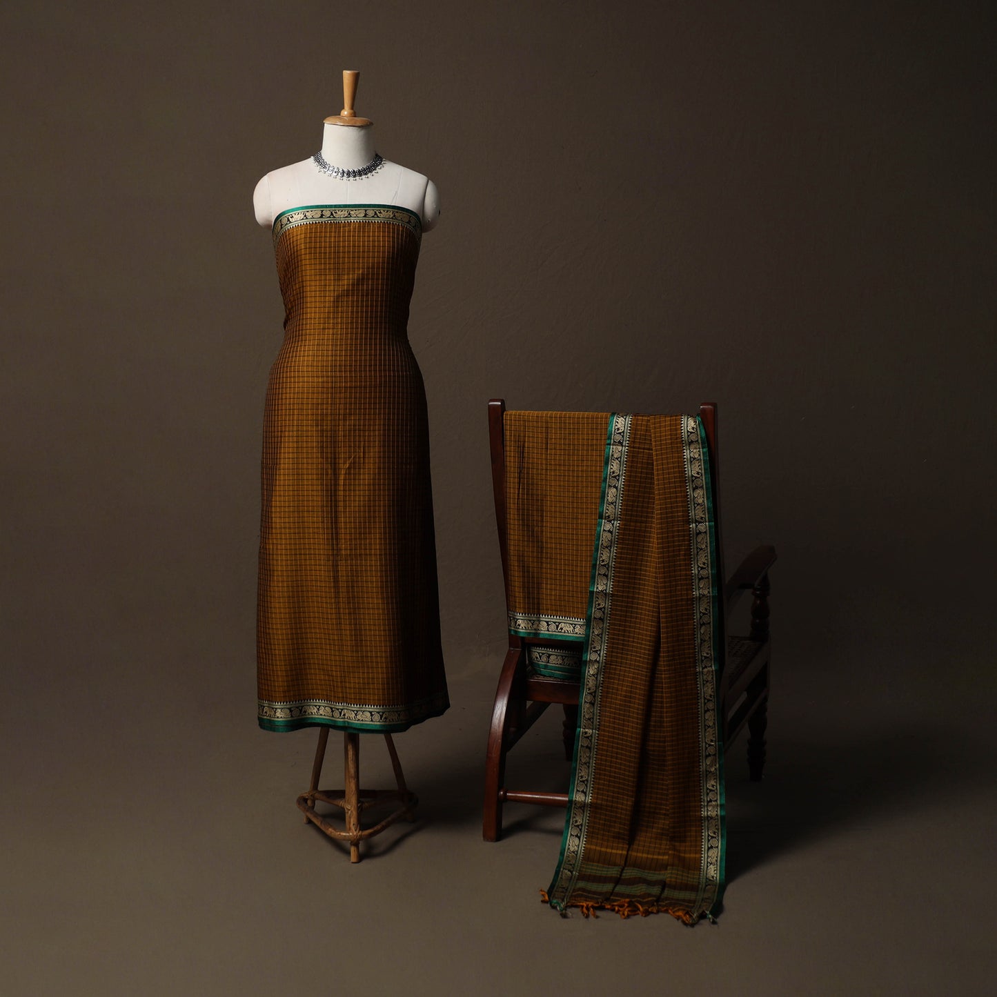 Dharwad Checks Mercerised Cotton 3pc Unstitched Dress Material Suit Set with Woven Border 78