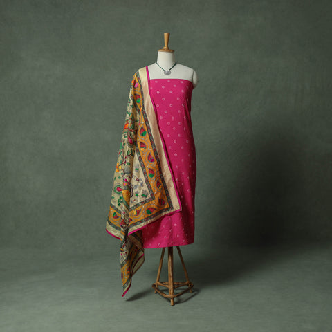 Kutch Bandhani Tie-Dye Pure Mul Cotton 2pc Unstitched Dress Material Kurta Set with Jewellery 06