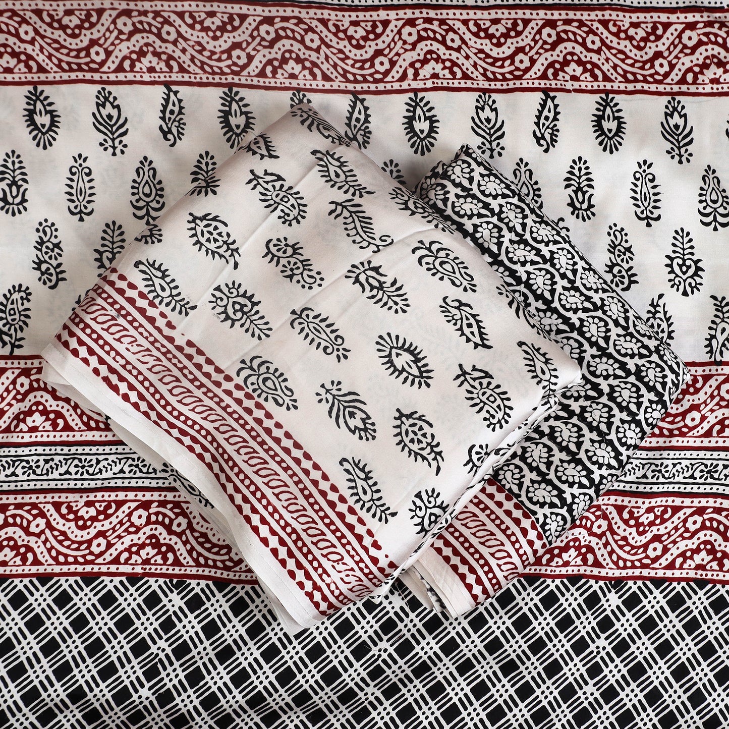 White - 3pc Modal Silk Bagh Print Suit Material Set 12