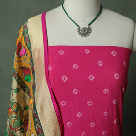 Kutch Bandhani Tie-Dye Pure Mul Cotton 2pc Unstitched Dress Material Kurta Set with Jewellery 06