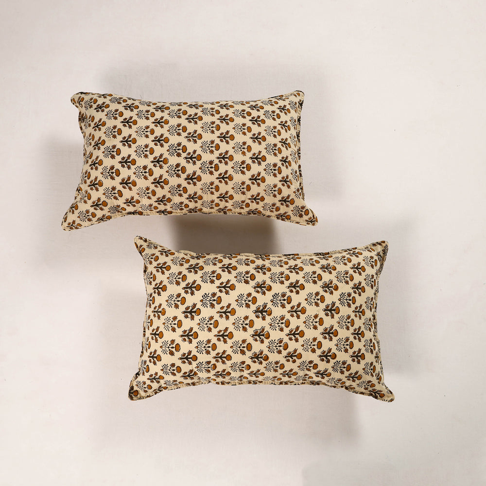 Beige - Set of 2 Bagru Block Print Cotton Pillow Covers 29