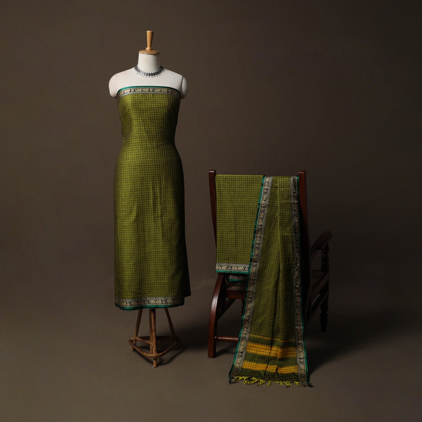 Dharwad Checks Mercerised Cotton 3pc Unstitched Dress Material Suit Set with Woven Border 79