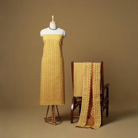 Yellow - Barmer Cut Work Cotton Applique 3pc Unstitched Dress Material 06