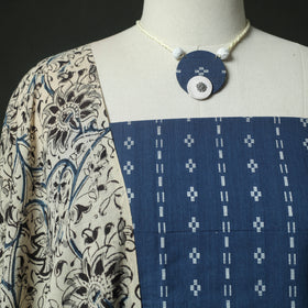 Blue - Jacquard Woven 2pc Cotton Unstitched Dress Material Kurta Set with Jewellery 04