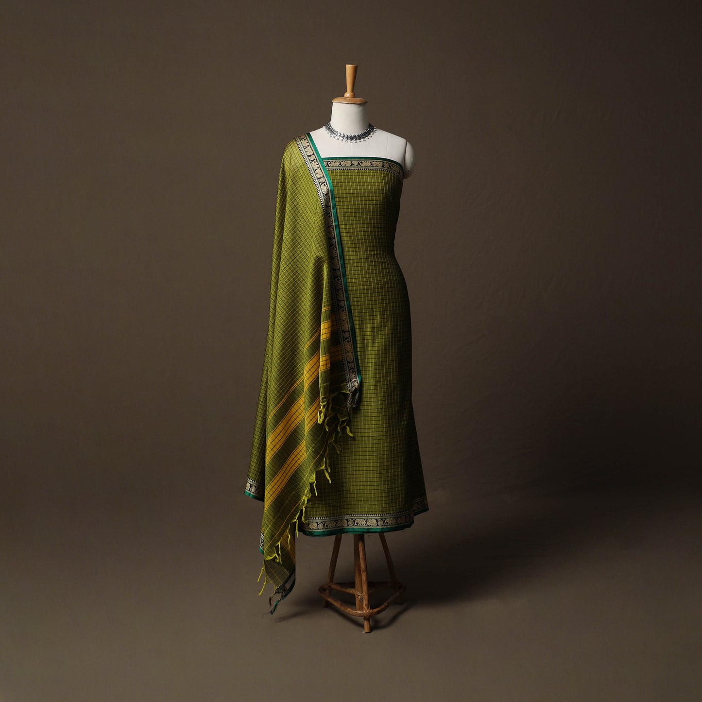 Dharwad Checks Mercerised Cotton 3pc Unstitched Dress Material Suit Set with Woven Border 79