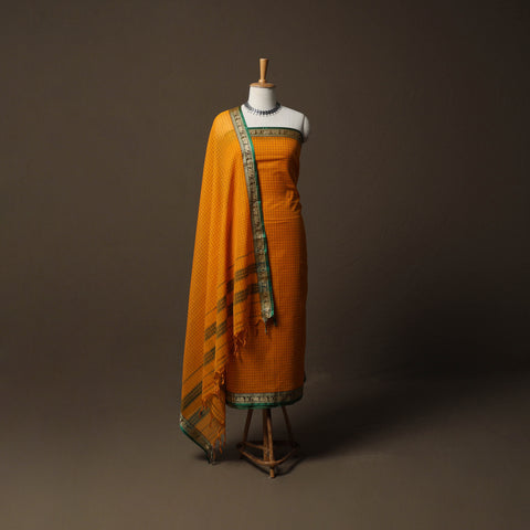 Yellow - Dharwad Checks Mercerised Cotton 3pc Unstitched Dress Material Suit Set with Woven Border 80