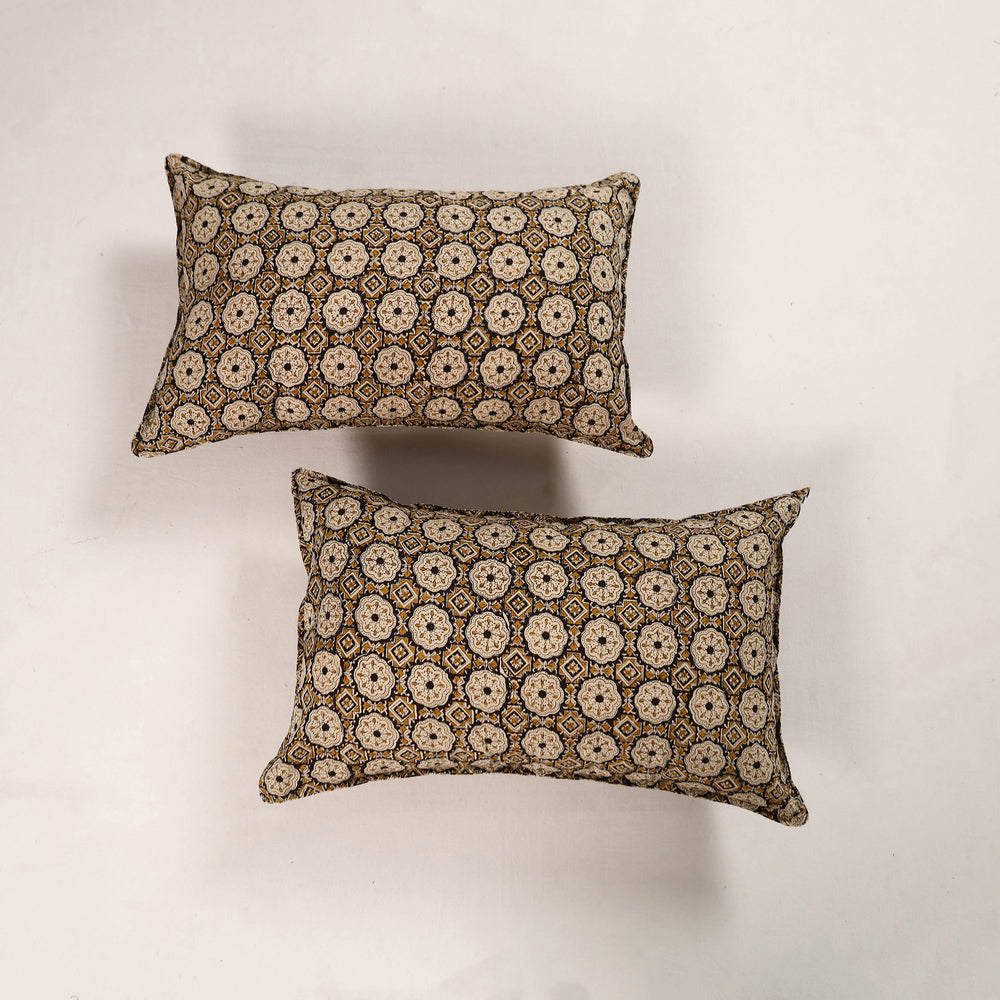 Beige - Set of 2 Bagru Block Print Cotton Pillow Covers 31