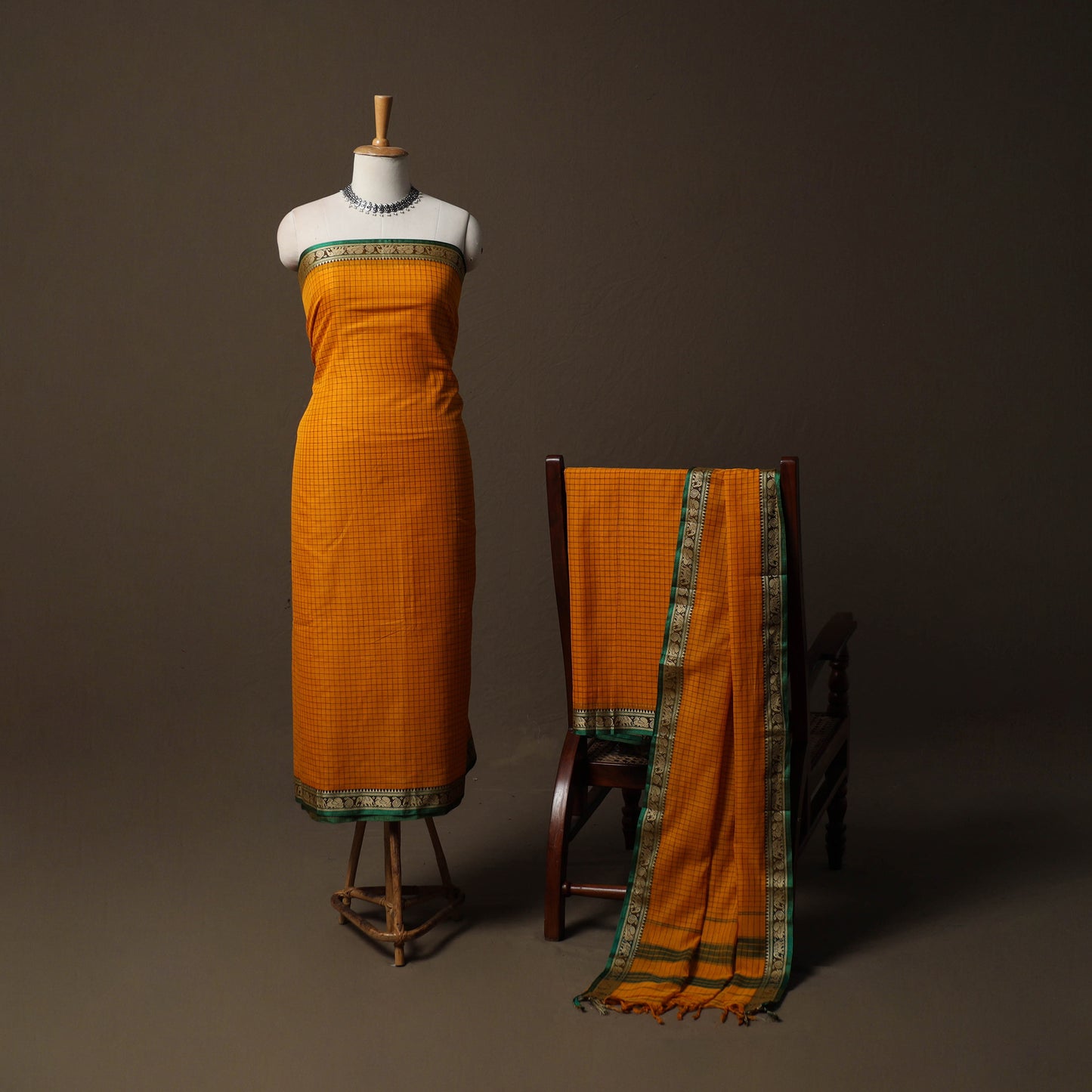 Dharwad Checks Mercerised Cotton 3pc Unstitched Dress Material Suit Set with Woven Border 80