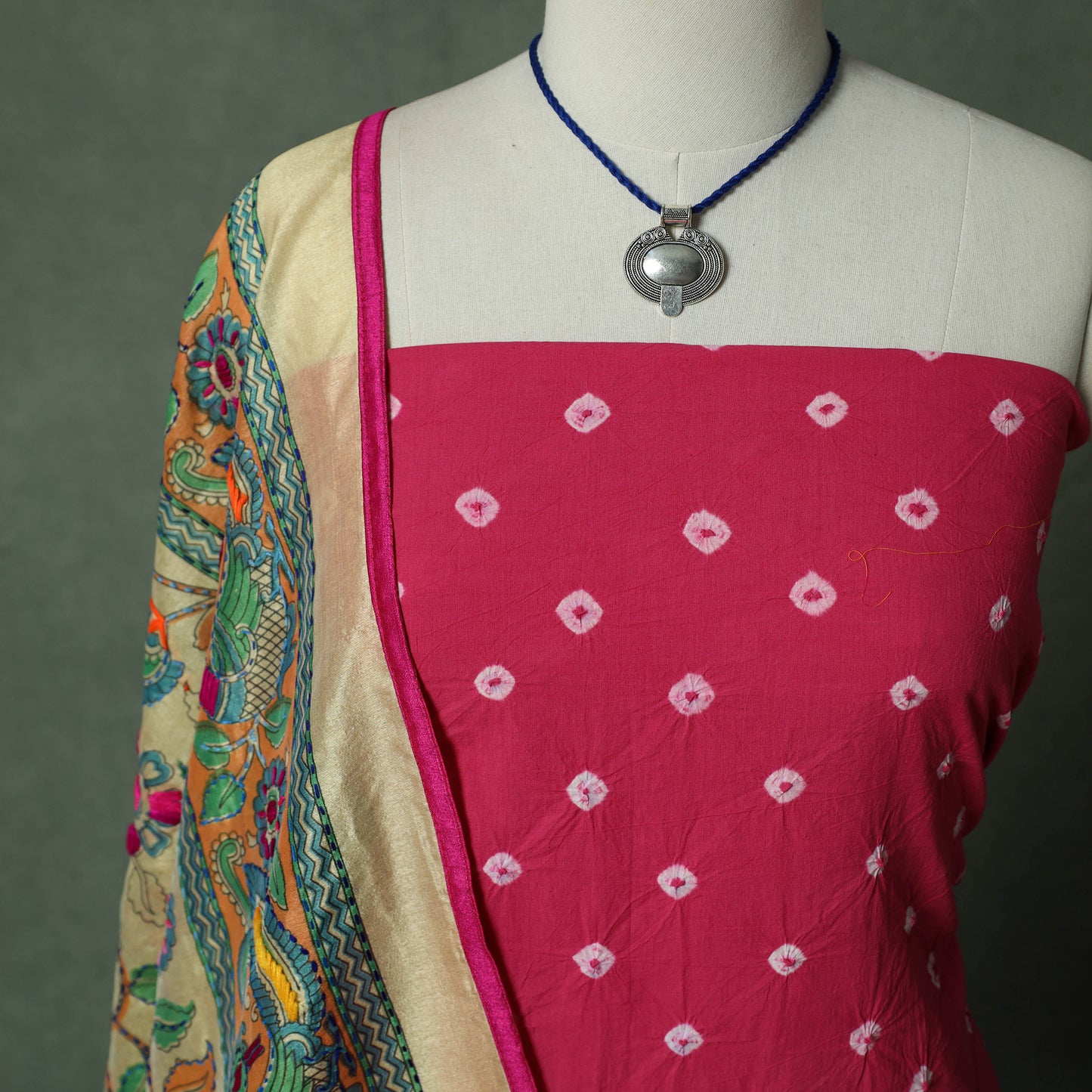 Kutch Bandhani Tie-Dye Pure Mul Cotton 2pc Unstitched Dress Material Kurta Set with Jewellery 08