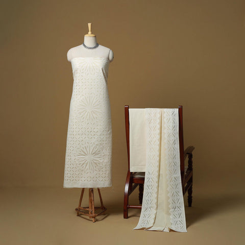 White - Barmer Cut Work Cotton Applique 3pc Unstitched Dress Material 27