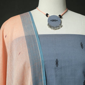 Blue - Jacquard Woven 2pc Cotton Unstitched Dress Material Kurta Set with Jewellery 05