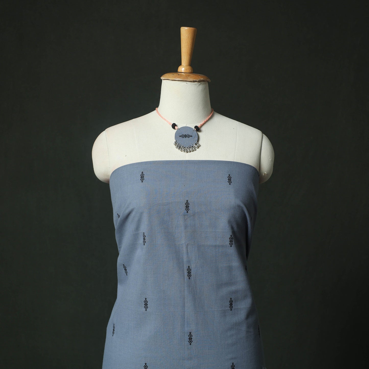 Blue - Jacquard Woven 2pc Cotton Unstitched Dress Material Kurta Set with Jewellery 05