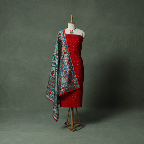 Kutch Bandhani Tie-Dye Cotton 2pc Unstitched Dress Material Kurta Set with Jewellery 09