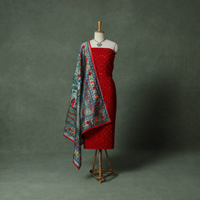 Kutch Bandhani Tie-Dye Cotton 2pc Unstitched Dress Material Kurta Set with Jewellery 09