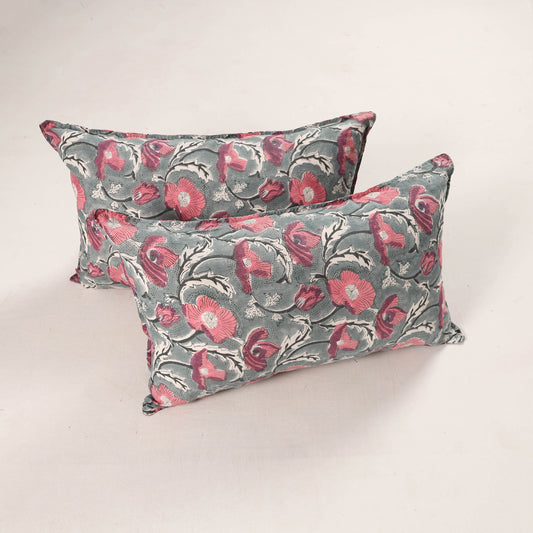 Grey - Set of 2 Sanganeri Block Print Cotton Pillow Covers 33