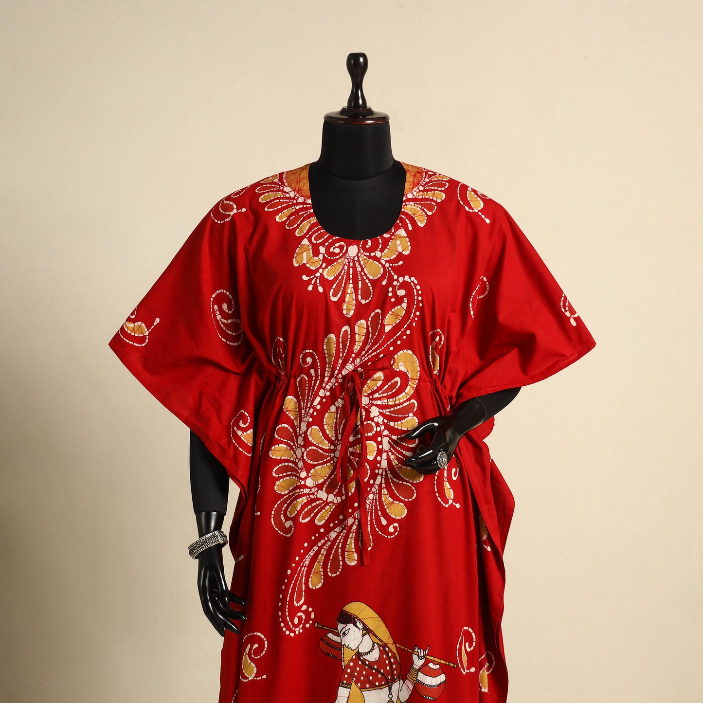 Red - cotton hand batik kaftan with tie-up waist (long) 14