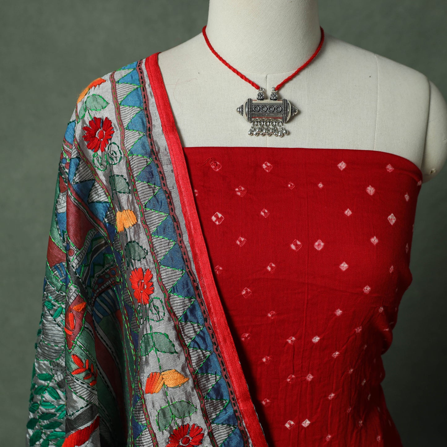 Kutch Bandhani Tie-Dye Cotton 2pc Unstitched Dress Material Kurta Set with Jewellery 09